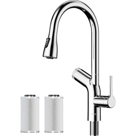 Robinet de cuisine avec douchette extractible, 2 modes de jet, système de filtration d’eau pour éliminer le chlore et les métaux lourds, lot de 3 cartouches charbon actif 2.0, chromé (1/5)