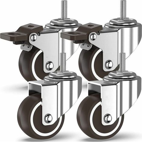 Roulettes pivotantes -4 à tiges filetées, roulettes pour meubles, roues à freins pour transport industriel de planches (50 mm avec tiges M10, 2 avec freins, 2 sans freins) (1/4)