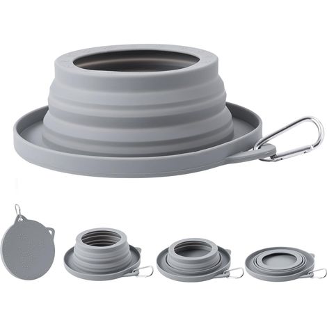 Bol de voyage anti-renversement pour chiens avec base anti-fourmi, forme intégrée, bol d'eau pour chiens, bols pour chiens pliables, voiture, étanche, pour road trip, camping et mur (gris clair) (1/5)