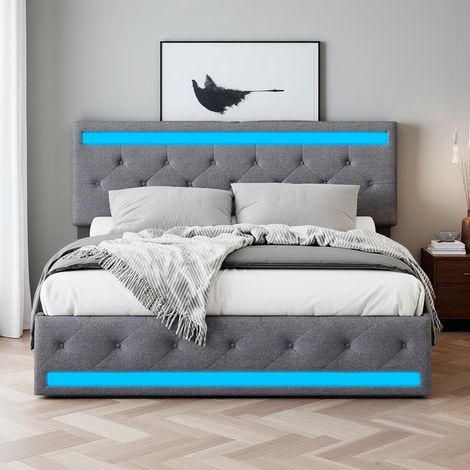 Lit avec Tiroirs Intégrés 180x200 cm avec LED et Ports USB,Lit avec Rangement et Sommier à Lattes, Lit Adulte 180x200 cm avec tête de Lit Réglable en Hauteur, Lin Gris Foncé (1/5)