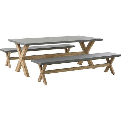 Conjunto de comedor para jardín de cemento reforzado gris con patas de madera de acacia para 8 personas mesa con 2 bancos Olbia