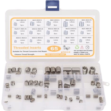Insert Fileté en Acier Inoxydable 303, 65 Pièces, M3-M8, Manchons de Réparation de Filetage avec Boîte de Rangement (1/5)