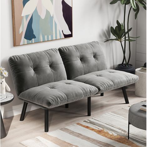 Canapé-lit convertible, fauteuil lounge et lit, gain de place, structure métal, velours gris (1/5)