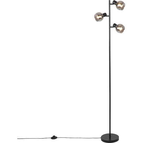 Art Deco Stehleuchte schwarz 3-Licht mit Rauchglas - Vidro