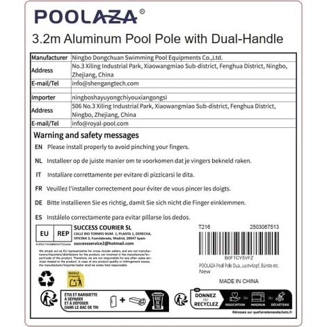 POOLAZA Pole de piscine à double poignée, pôle d'écumeur de piscine en aluminium anodisé, pôle amovible et télescopique jusqu'à 3,2 m, pôle portable pour le nettoyage, convient pour skimmer, tête sous (1/4)