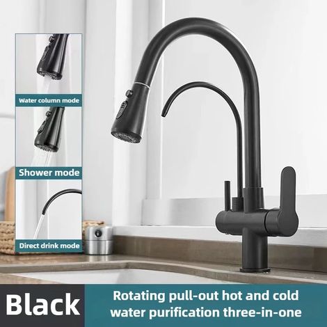 Robinet de cuisine commercial (noir) avec douchette extractible à double fonction, robinet purificateur d'eau 3 en 1 avec filtre et mélangeur et tuyaux. (1/5)