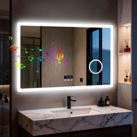 LUVODI Smart LED Bathroom Mirror with Bluetooth Speaker, Digital Display, 3x Magnifier - 120cm x 70cm