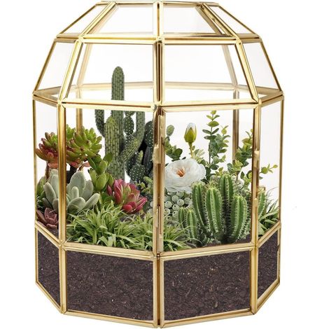 Grand Pot de Fleurs géométrique de 23,4 cm, en Forme de Maison, boîte en Verre Faite à la Main, Pot de Fleurs Miniature de Table Vintage pour Plantes Grasses (Forme de Cage à Oiseaux dorée) (1/5)
