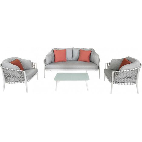 Salotto da giardino struttura in alluminio rivestita in corda pvc con cuscini - Bianco
