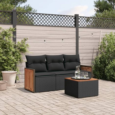 Ensemble de salon de jardin en résine tressée noir, 4 pièces (table et 3 fauteuils) avec coussins amovibles, dessus en acacia et rangement intégré (1/3)