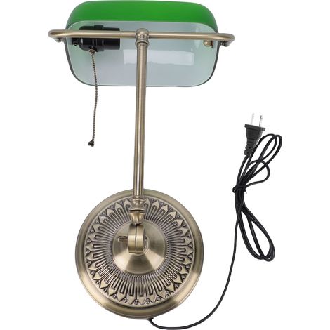 Lampe de bureau vintage à brancher, avec abat-jour en verre vert et interrupteur à tirette, idéale pour la chambre, le bureau ou la maison (prise américaine 110 V). (1/5)