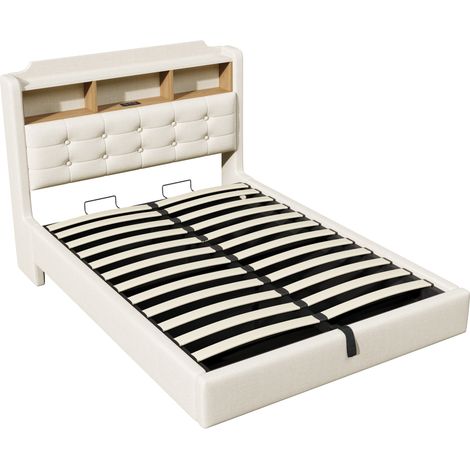 Lit rembourré 140 × 200 cm avec bande lumineuse LED, rangement hydraulique, compartiments de rangement, design flottant, matelas non inclus, ports USB et Type-C, tissu en lin, beige (1/5)