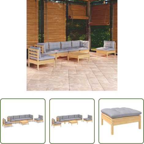 Terrassensofa - 7-tlg. Garten-Lounge-Set mit Grauen Kissen Kiefer Massivholz (1/5)