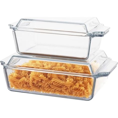 Lot de 2 cocottes en verre avec couvercles - Résistantes au four - Plats rectangulaires pour lasagnes au four - Passent au micro-ondes - Capacité de 1L et 1,5L