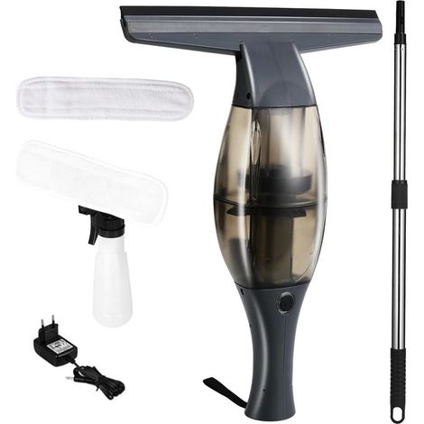 Nettoyeur de vitres électrique sans fil avec manche télescopique, autonomie batterie:40 min,buse d'aspiration 28 cm,vaporisateur avec housse en microfibre pour nettoyage à 360° sans traces à (Noir) (1/5)