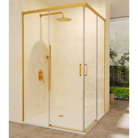 Mampara Ducha Rectangular 2 Fijos + 2 Puertas Corredera  Vidrio 6mm Antical  Perfil Oro Cepillado 110cm (adaptable 107,50-110) x 90cm (1/4)