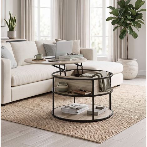Mesa de centro redonda elevable de Ø80 cm, con almacenamiento y estantes laterales, estructura de metal, MDF roble (1/5)