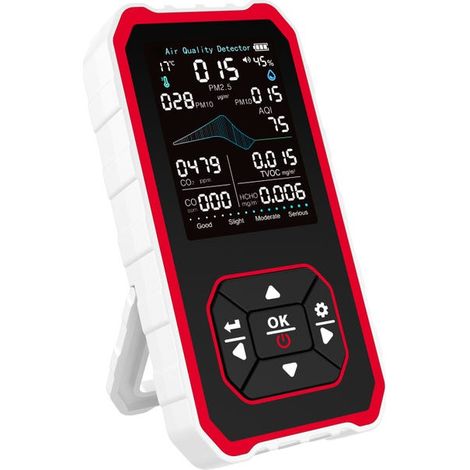 Analizador de aire interior portátil 10 en 1 con soporte, AQI en tiempo real, CO2, CO, PM2.5, PM1.0, PM10, TVOC, HCHO, alerta de temperatura/humedad, blanco-rojo (1/5)