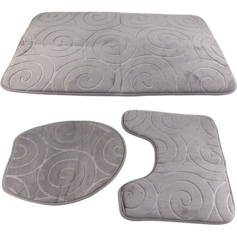 Ensemble de tapis de bain, 3 pièces, housse d'abattant de toilette en pierre gaufrée, tapis de bain absorbant latéral, gris (1/5)