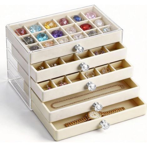 Boîte à Bijoux 5 Tiroirs en Acrylique Transparent, Rangement Bijoux Femme avec Séparateurs Amovibles, Boite a Bijou et Présentoirs pour Bagues, Colliers, Boucles d'Oreilles et Pierres Précieuses (1/5)