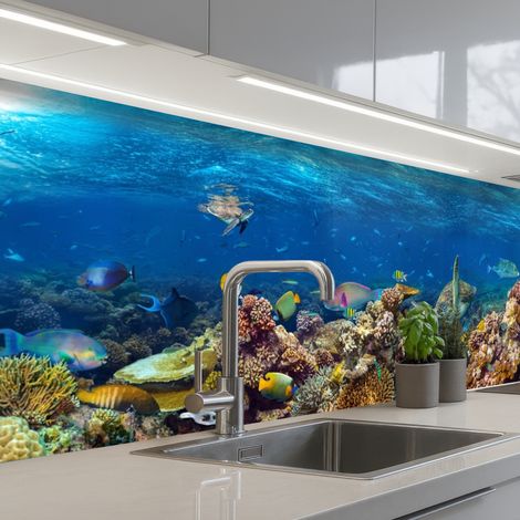 Kitchen Splashback Underwater landscape - Fish - Turtle - Blue 300x80 cm