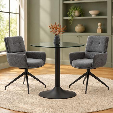 Conjunto de mesa y sillas redondas de vidrio templado, 2 sillas giratorias, negro OKMYHOME (1/5)