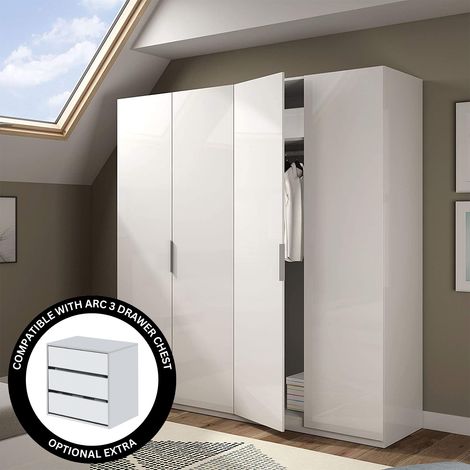 MAX Wardrobe 4 Door White 180cm + ARC 3 Drawer Internal Chest Storage Set