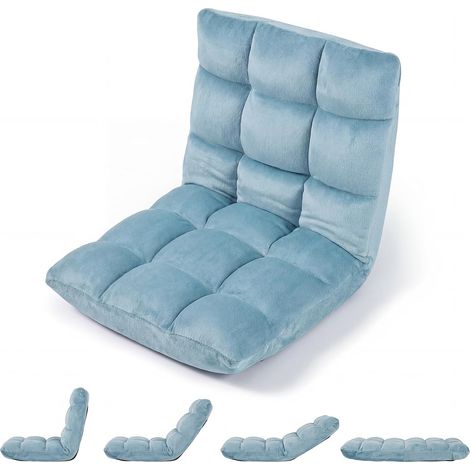 Canapé Paresseux Tatami Pliable, Fauteuil de Sol Convertible Dossier Réglable 14 Positions, Chauffeuse 1 Place en Velours, Bleu clair (1/5)