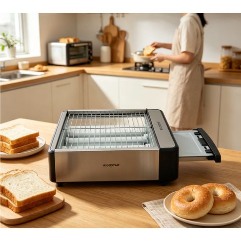 Grille-pain électrique Aigostar 1000W en acier inoxydable, 6 niveaux de température réglables, appareil multifonction idéal pour le petit déjeuner à la maison (1/3)