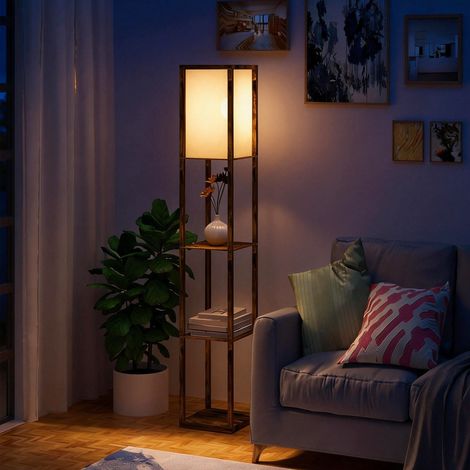 Lampadaire sur pied avec 3 étagères intégrées, douille E27 40W, dimensions 26x26x160 cm, finition bois