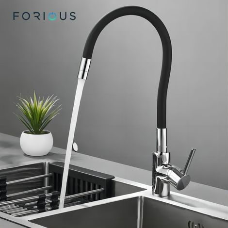 Robinet Cuisine FORIOUS - Mitigeur Rotatif 360° - Réglable Librement pour Evier Simple/Double en Laiton Silicone Noir (1/5)
