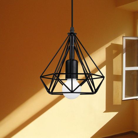 Suspension Filaire en Forme Diamant Noir E27 20cm Lampe de Plafond Lustre Fer Cage (1/5)