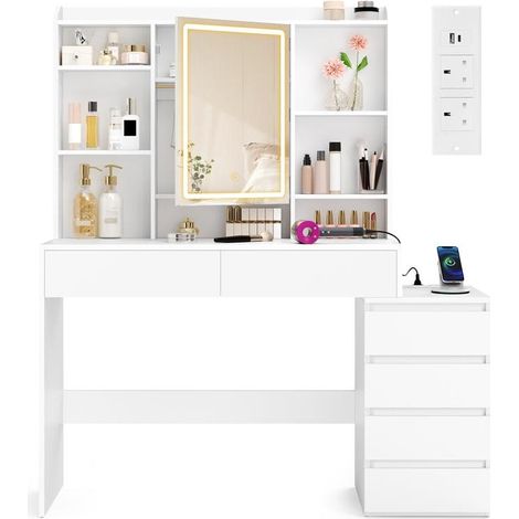 Coiffeuse moderne avec grand miroir LED réglable 40 x 124,7 x 145 cm ambiance cosy compartiments ouverts en panneau d’aggloméré blanc (1/2)