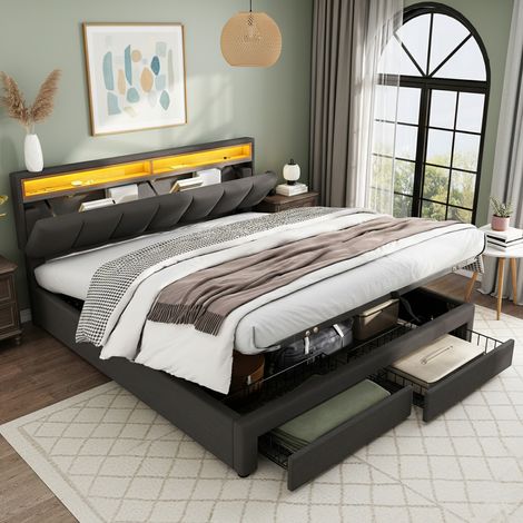 Cama con canapé abatible 160x200 cm - Lino gris - Somier de lamas - Mecanismo de elevación hidráulica - 2 cajones - Cabecero - Iluminación LED de 16 colores (1/5)
