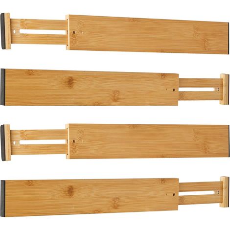 Lot de 4 séparateurs tiroirs en bambou naturel réglables (43-56 cm), à ressorts, système rangement organisateur pour cuisine, salle bain, chambre coucher, commode et bureau - (1/5)