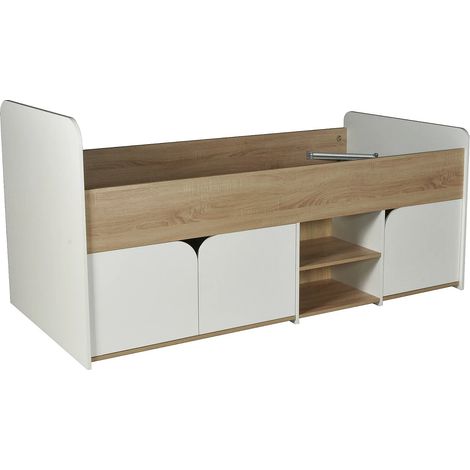 Lit 90 x 190 cm avec rangements - Coloris : Naturel et blanc - LOSTYA (1/4)
