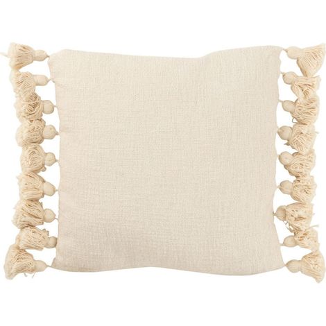 Coussin Déco Pompons "Bella" 48x48cm Beige (1/4)