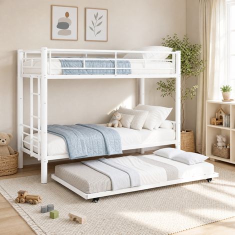 Etagenbett 196x103x156 cm, in 2 Einzelbetten teilbar, mit Leiter und Sicherheitsgeländern, Eisen, Weiß (1/5)