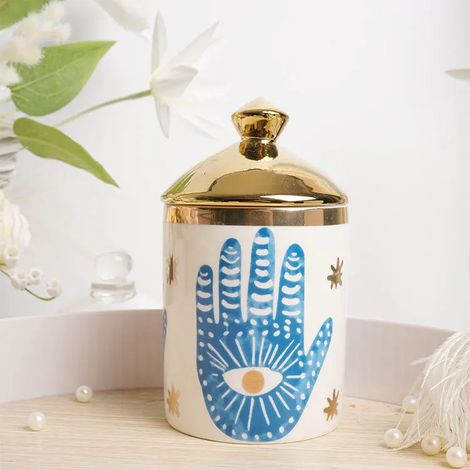 Pot de rangement en céramique bleue européenne à motif d'œil, pot à bougie parfumée