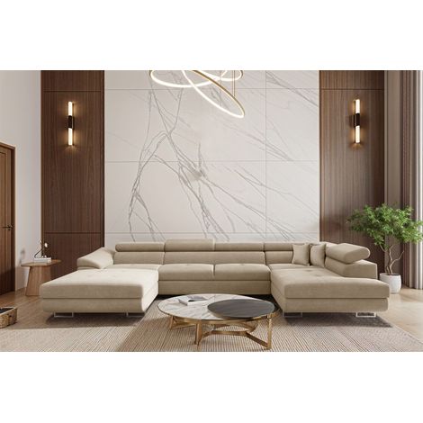 Wohnlandschaft Schlafsofa Sofa CARMELO in Stoff Nova Beige Ottomane Links (1/3)