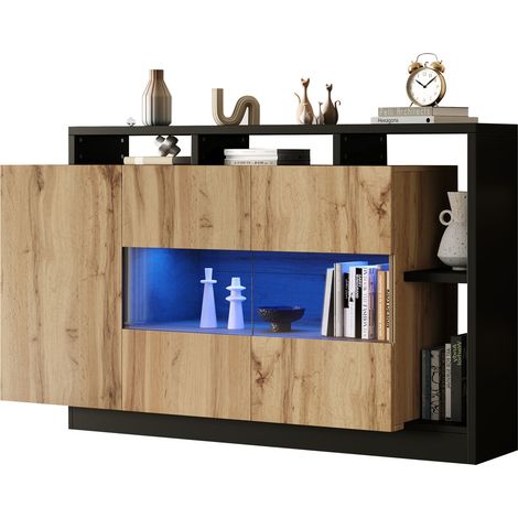 Tkopy - Buffet salon 140×44×93.5 cm, meuble d'appoint avec LED, meuble d'appoint avec rangements, doté de 3 portes pivotantes et d'une étagère extérieure, style contemporain, couleur bois naturel (1/5)