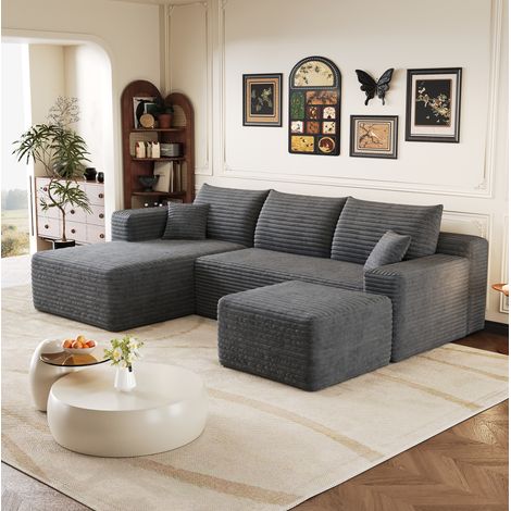 Canapé d'angle gauche modulable 3 places avec ottoman, sans montage, en velours côtelé, gris foncé