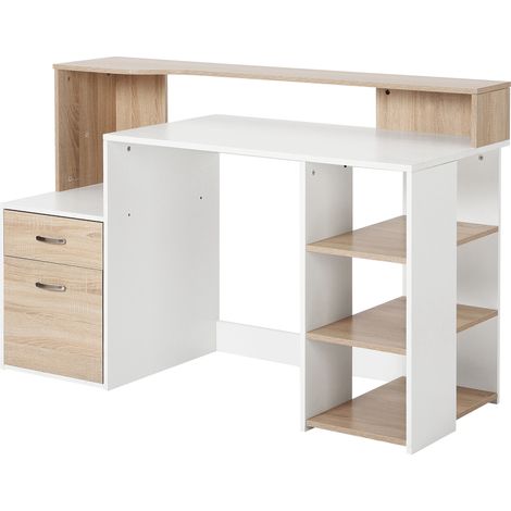 Bureau informatique avec 2 tiroirs, bureau avec rangement, 137 x 55 x 92 cm, étagères ouvertes et tablette d'imprimante, style moderne, table d'ordinateur pour chambre, studio, chêne