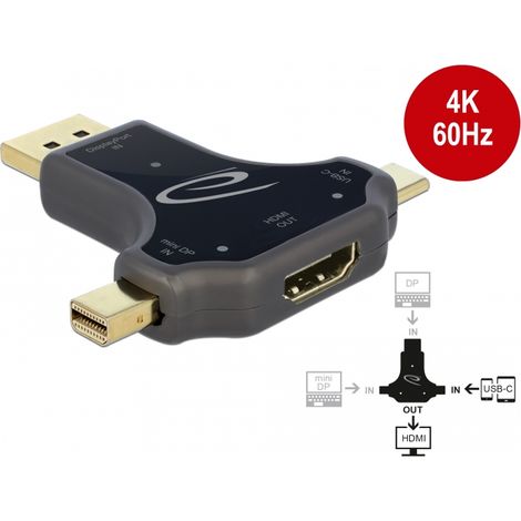 Delock Adaptador de monitor 3 en 1 con entrada USB-Câ¢ / DisplayPort / mini DisplayPort a salida HDMI con 4K 60 Hz