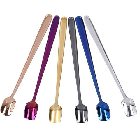 Cuillères mélangeuses en acier inoxydable 304, lot de 6, long manche épais, petites cuillères dessert, graines, café, glaçons (15 cm), coffret en cuir (1/5)