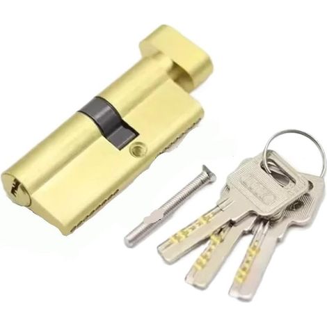 1 cylindre de serrure en laiton, cylindre à bouton/clé de 80 mm avec 3 clés en laiton, anti-levier, anti-perçage, anti-impact, anti-vibration, finition aluminium poli (or) (1/3)