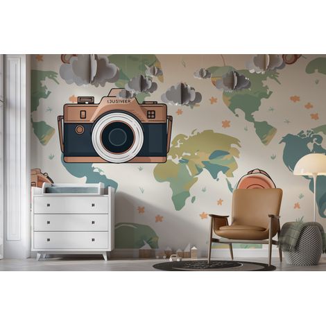 Papier peint enfants - appareil photo et carte du monde pastel - 150 x 250 cm (1/2)