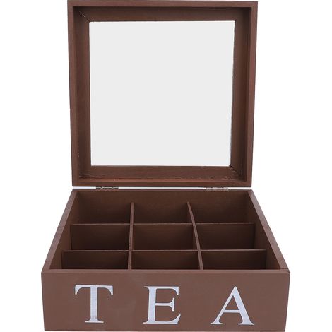 Boîte de rangement pour sachets de thé en bois avec fenêtre transparente en acrylique, 9 compartiments, écologique, marron. (1/5)