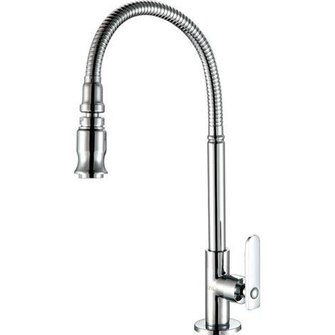 Robinet de cuisine et de jardin en acier inoxydable avec bec pivotant à 360 degrés et douchette extractible, pour évier, buanderie, eau froide uniquement, finition chromée(Sans tuyau) (1/5)