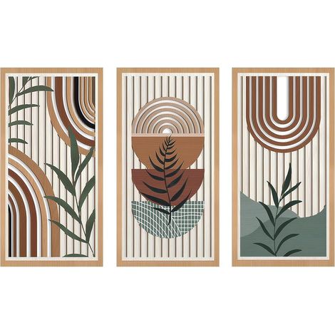 3 Pièces Sculpture Murale Bois Léger, Tableau Decoration Murale, Décor Boho Chic avec Motifs Feuille et Formes Géométriques, Art Mural Abstrait Moderne pour Salon, Chambre, Entrée, Galerie (1/5)